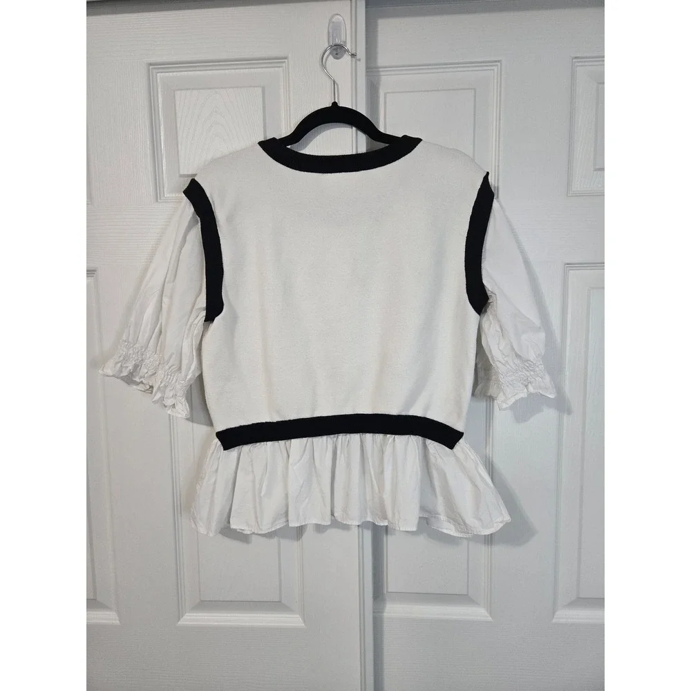 Anthropologie Mixed Media Peplum Top White Black Contrast Puff Sleeve Large